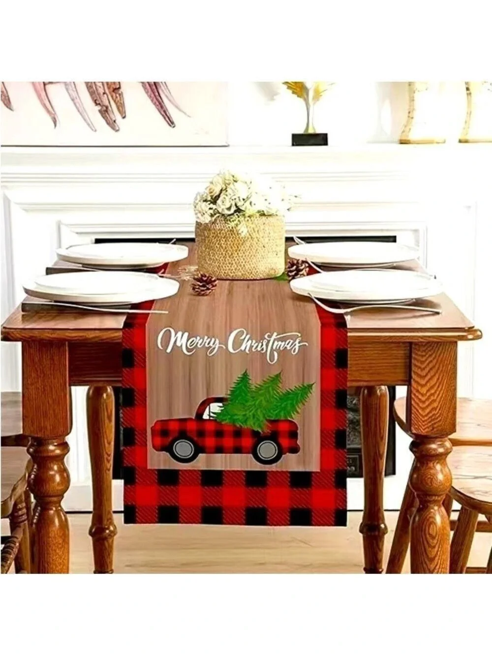 Table runner red truck Christmas